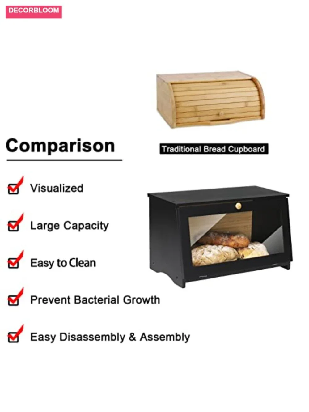 Bamboo Wood Bread Box with Plexiglass Window, Kitchen Countertop Storage